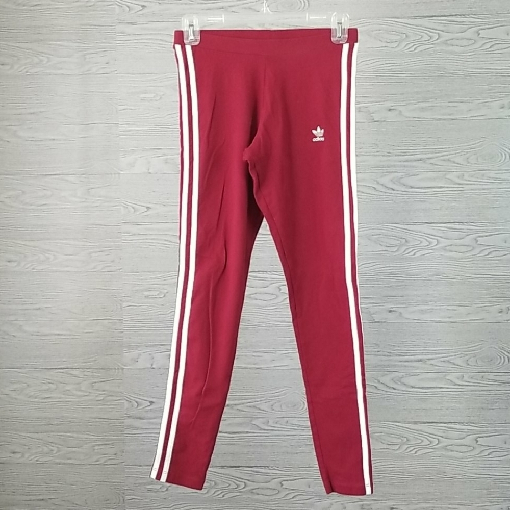 ADIDAS // burgundy & white 3 stripe leggings